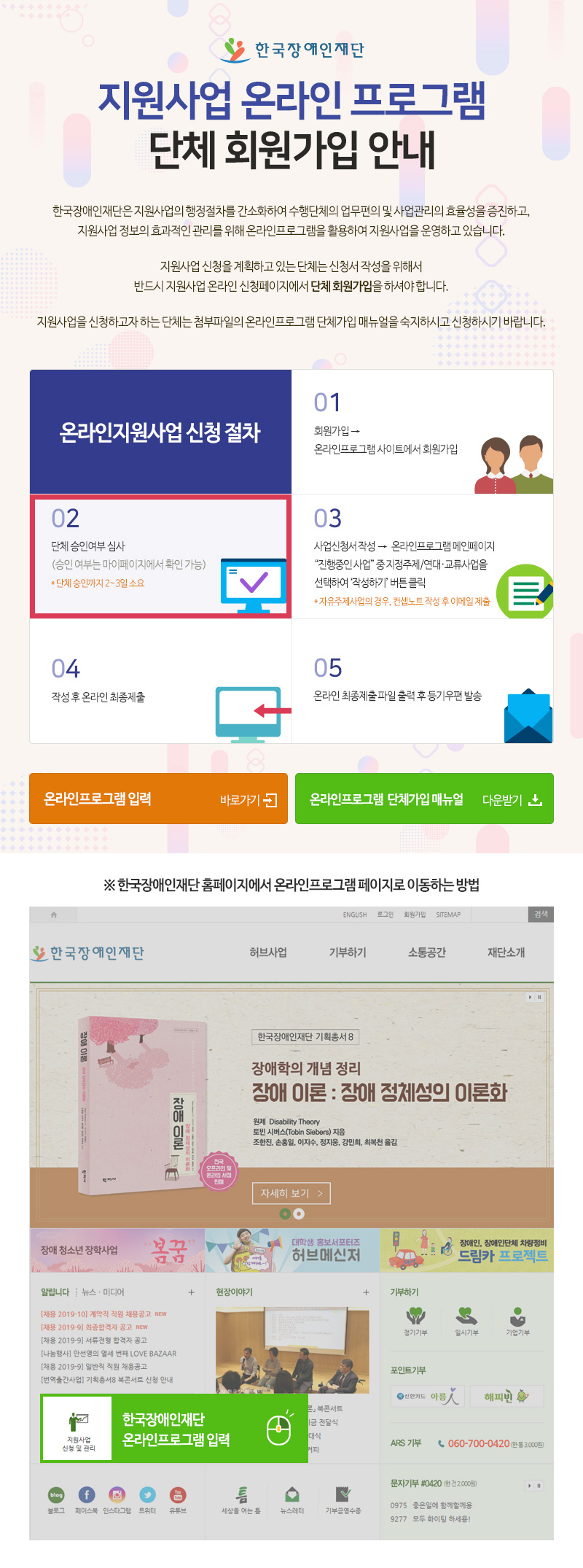 한국장애인재단 지원사업 온라인 프로그램 단체 회원가입 안내 한국장애인재단은 지원사업의 행정절차를 간소화하여 수행단체의 업무편의 및 사업관리의 효율성을 증진하고,지원사업 정보의 효과적인 관리를 위해 온라인프로그램을 활용하여 지원사업을 운영하고 있습니다. 
지원사업 신청을 계획하고 있는 단체는 신청서 작성을 위해서반드시 지원사업 온라인 신청페이지에서 단체 회원가입을 하셔야 합니다.
지원사업을 신청하고자 하는 단체는 첨부파일의 온라인프로그램 단체가입 매뉴얼을 숙지하시고 신청하시기 바랍니다.
온라인지원사업 신청 절차 01 회원가입 온라인프로그램 사이트에서 회원가입 02 단체 승인여부 심사 승인 여부는 마이페이지에서 확인 가능 단체 승인까지 2 3일 소요 03 사업신청서 작성 온라인프로그램 메인페이지 “진행중인 사업” 중 지정주제/연대·교류사업을 선택하여 ‘작성하기’ 버튼 클릭 * 자유주제사업의 경우, 컨셉노트 작성 후 이메일 제출 04 작성 후 온라인 최종제출 05 온라인 최종제출 파일 출력 후 등기우편 발송 한국장애인재단 홈페이지에서 온라인프로그램 페이지로 이동하는 방법 지원사업 한국장애인재단 온라인프로그램 페이지 