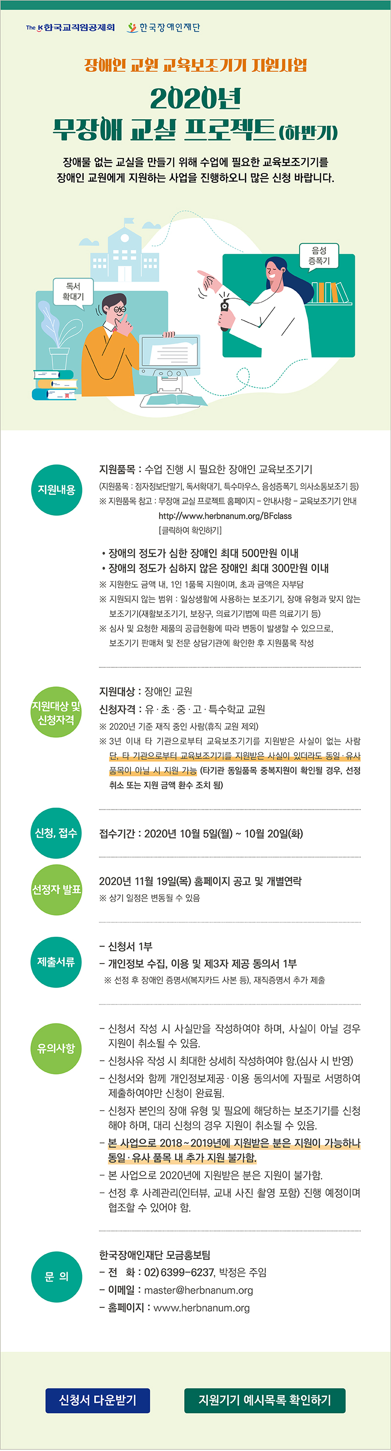 장애인 교원 교육보조기기 지원사업
‘2020년 무장애 교실 프로젝트(하반기)’ 안내

한국장애인재단은 한국교직원공제회와 함께 장애인 교원의 교육환경과 
편의를 개선하기 위해 교육보조기기 지원사업을 진행하오니 많은 신청 바랍니다. 


지원내용
지원내용 : 수업 시 필요한 장애인 교육보조기기
  (지원품목 : 점자정보단말기, 독서확대기, 특수마우스, 음성증폭기, 의사소통보조기 등)
장애의 정도가 심한 장애인 500만원 이내, 장애의 정도가 심하지 않은 장애인 300만원 이내

※ 지원한도 금액 내 1인 1품목 지원, 초과 금액 자부담
※ 지원품목 참고 : 무장애 교실 프로젝트 홈페이지 - 안내사항 - 교육보조기기 안내
                  (http://www.herbnanum.org/BFclass/inform_equip.asp)
※ 지원되지 않는 범위 : 일상생활에 사용하는 보조기기, 장애유형과 맞지 않는 보조기기                   (재활보조기기, 보장구, 의료기기법에 따른 의료기기 등)
※ 심사 및 요청한 제품의 공급현황에 따라 변동이 발생할 수 있으므로, 보조기기 판매처 및 전문 상담기관에 확인한 후 정확한 지원품목과 상세설명 작성 필요
※ 선정 후 지원제품 단종 시 유사 제품으로 변경될 수 있음
지원대상
장애인 교원
신청자격 
유치원 · 초등학교 · 중학교 · 고등학교· 특수학교 교원
※ 2020년 기준 재직 중인 사람(휴직 교원 제외)
※ 3년 이내 타 기관으로부터 교육보조기기를 지원받은 사실이 없는 사람 
  단, 타 기관으로부터 교육보조기기를 지원받은 사실이 있더라도 동일∙유사 품목이 아닐 시 지원 가능
　　(타기관 동일품목 중복지원이 확인될 경우, 선정 취소 또는 지원 금액 환수 조치 됨)
접수기간
2020년 10월 5일(월) ~ 10월 20일(화), 16일간
접수방법
신청서 작성 후, 제출서류와 함께 제출
이메일,: master@herbnanum.org
선정자발표
2020년 11월 19일(목), 홈페이지 공고 및 개별연락
※ 상기 일정은 변동될 수 있음
제출서류
가. 신청서 1부
나. 개인정보 수집, 이용 및 제3자 제공 동의서 1부
※ 선정 후 장애인 증명서류(복지카드 사본 등), 재직증명서 등 추가 제출
유의사항
가. 신청서 작성 시 사실만을 작성하여야 하며, 사실이 아닐 경우 지원이 취소될 수 있음
나. 신청 사유 작성 시 최대한 상세히 각 문항당 5줄 이상 작성하여야 함(심사 시 반영)
다. 신청서와 함께 개인정보 제공·이용 동의서에 자필로 서명(서명 그림파일 삽입 불가)하여 제출하여야만 신청이 완료됨
라. 신청자 본인의 장애 유형 및 필요에 해당하는 보조기기를 신청해야 하며, 대리 신청의 경우 지원이 취소될 수 있음
마. 본 사업으로 2018~2020년에 지원받은 분은 지원이 가능하나 동일∙유사 품목 내 추가 지원 불가함
바. 선정 후 사례관리(인터뷰, 교내 사진 촬영 포함) 진행 예정이며 협조할 수 있어야 함
문의
한국장애인재단 모금홍보팀, 박정은 주임
· 전화 : 02)6399-6237  · 이메일 : master@herbnanum.org  
· 홈페이지 : www.herbnanum.org

 ※ 신청서류는 한국장애인재단 홈페이지에서 다운로드 가능

버튼
신청서 다운받기
지원기기 예시목록 확인하기


 